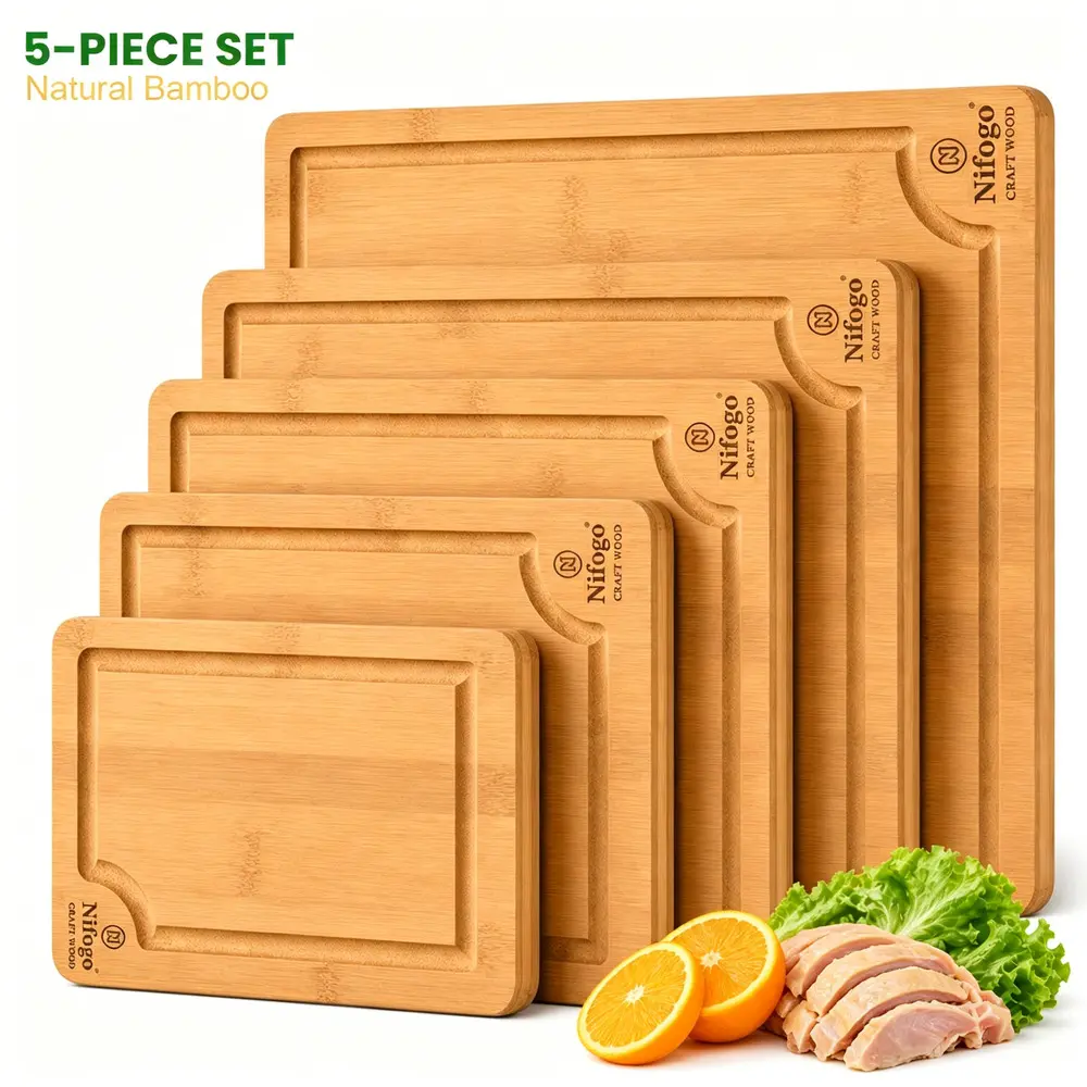 3/5-Size Tough Carbonized Bamboo Chopping Board Kit - Food Safe Wooden Prep Trays for Beef Steak, Mixed Produce, Soft Cheese Platter - Resilient Multi Size Kitchen Gear for Housewarming Present
