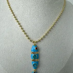 Blue Enamel Fish Pendant Ball Chain Necklace 19”