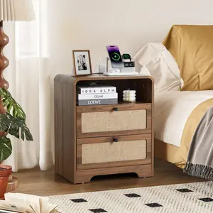 Giratree 24" Large Side Table with Charging Station, Mid Century Modern End Table with USB/Type-C Ports, Curved Wood Nightstand with Storage & Natural Linen, Couch Side Table for Living Room Bedroom
