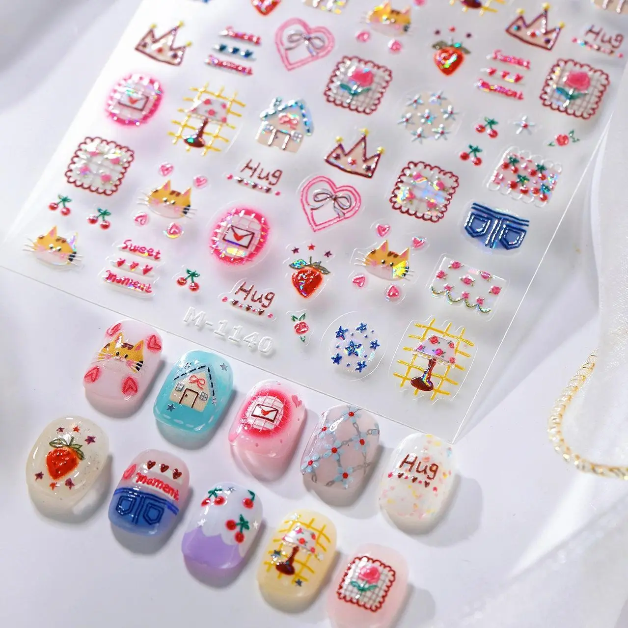 An Array of Stars Cat House Strawberry Cherry Crown Table Lamp Bowknot Denim Shorts Pink Letter Nail Art Stickers Manicure Decal