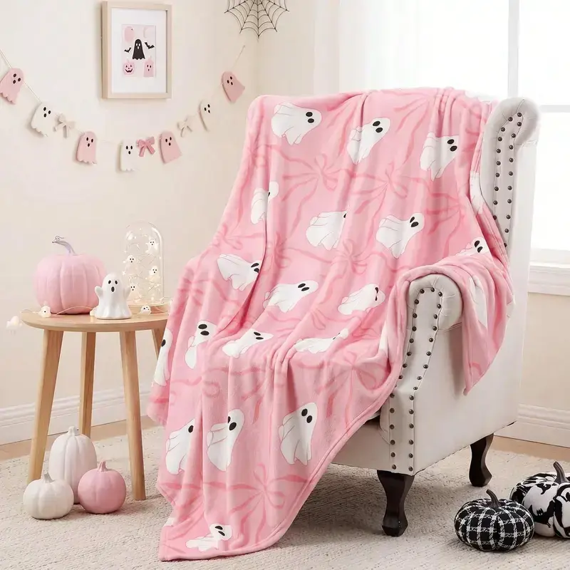 Flannel Pink Halloween Bow Ghost Throw Blanket, Soft Flannel, Cozy, Cute, Coquette, Halloween Gift, Gift For Her, Wall Tapestry, Room Decor, Home Decor