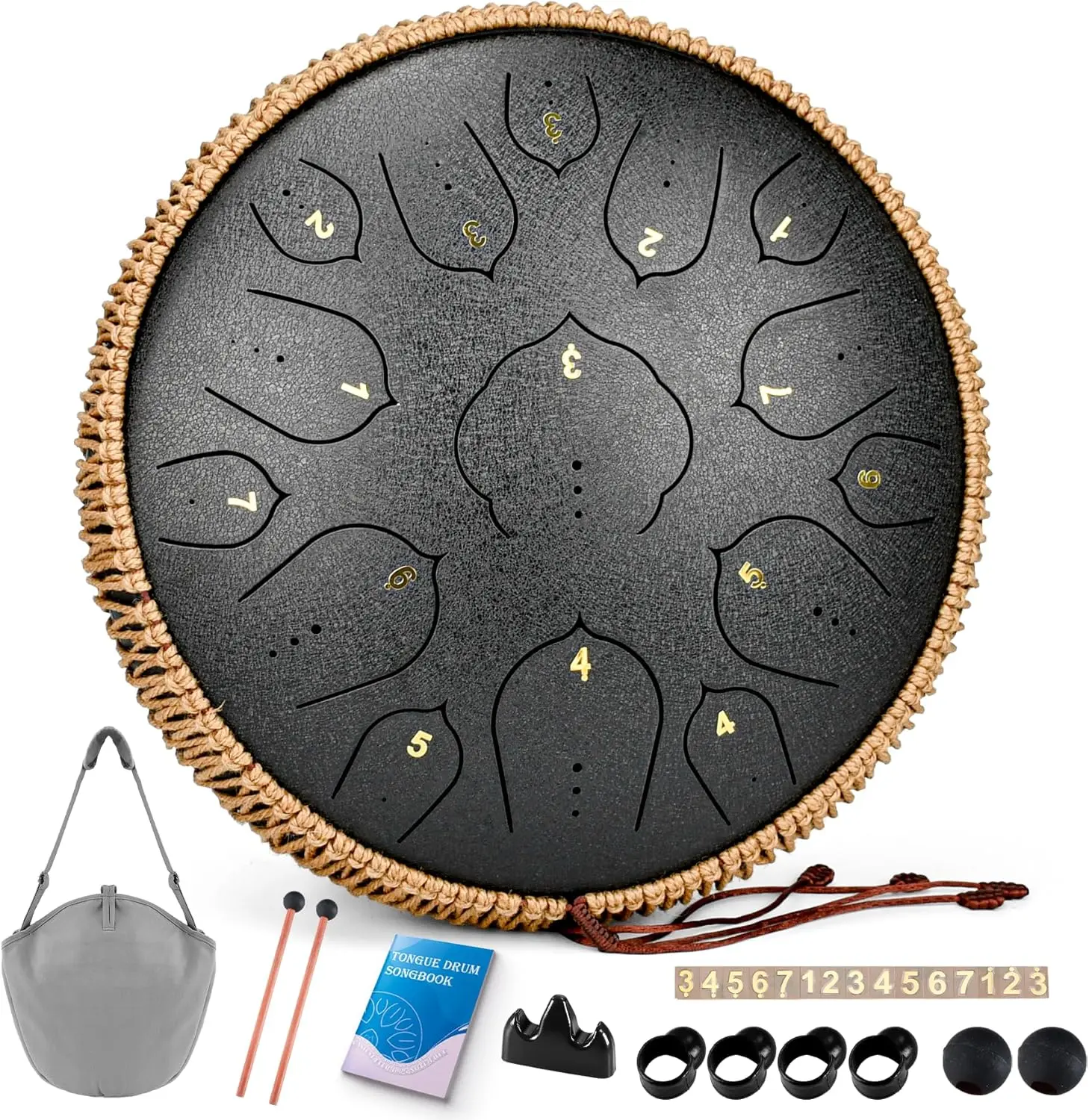 Steel Tongue Drum - 15 Notes Steel Drum - 14 Inch Handpan Drum Instrument with Music Book,Tongue Drums Instrument Mallets and Carry Bag, D Major Black
