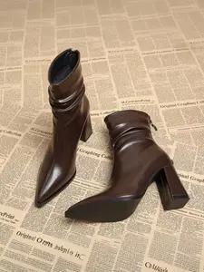 Women's Fall Winter Pointed Toe Chunky Heel Short Boots, Retro Style PU Leather High Heels with Side Zipper, Fashionable Slimming Design, Footwear, Rubber