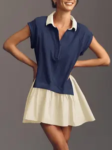 Fisoew Womens Summer Sweatshirt Dresses Short Sleeve V Neck Casual Oversized Patchwork Mini Dress