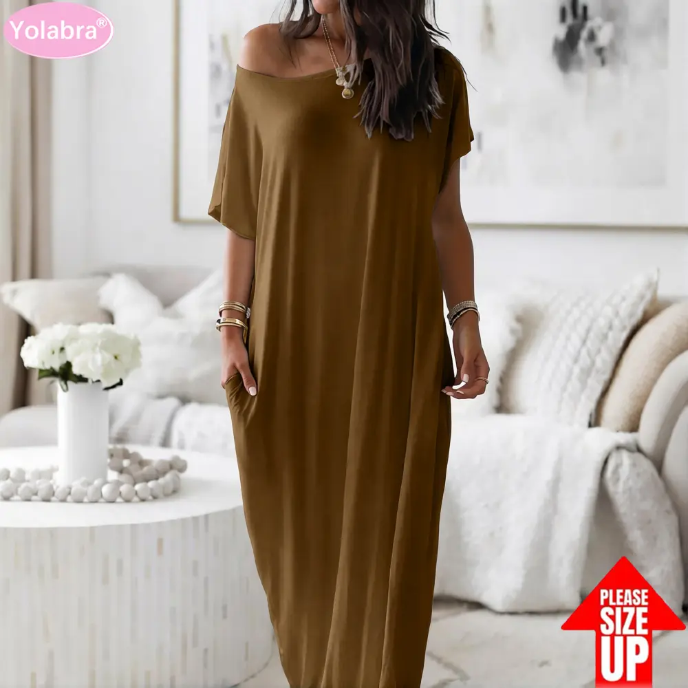 Yolabra Solid Color Dress Women Summer Short Sleeve Soft Skin Friendly Lightweight Fabric Elegant Minimalist Design Casual Daily Outfit Outdoor Street Wear High Quality Smooth Material Breathable Stylish Long Length Dress Slight Color Difference Reminder