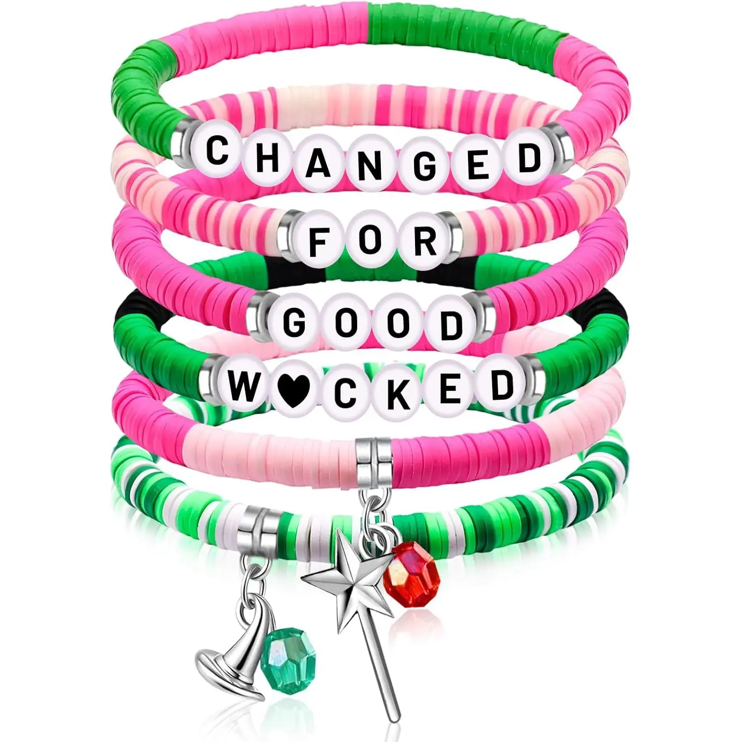 Wicked Themed Beaded Stretch Bracelet for Women, Adjustable Friendship Band with Magic Wand & Witch Hat Charms for Party Costumes & Fan Gifts, Adjustable Bangle, Beaded Bracelet Set