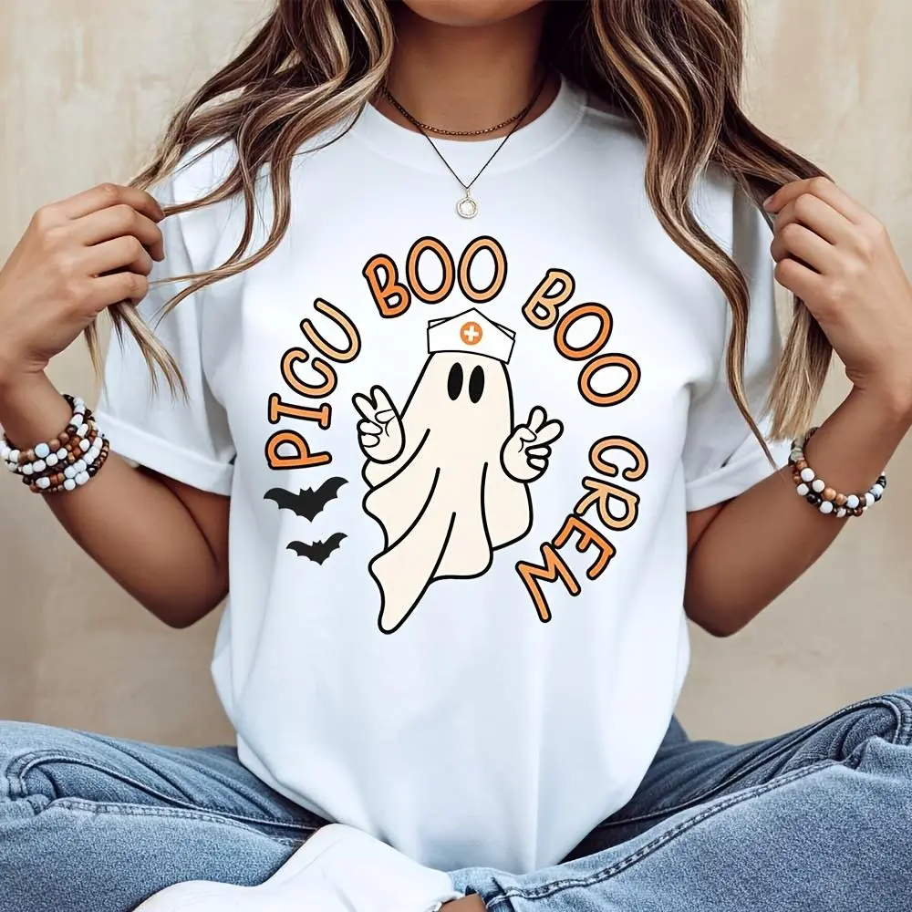 Picu Boo Boo Crew Ghost Nurse Print T-Shirt, Halloween Pediatric ICU Theme, Hospital Party Costume