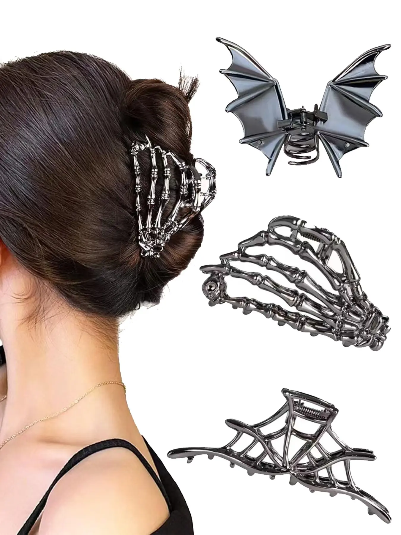 Gothic Style Gunmetal Color Large Metal Hair Claws, Skull & Cobweb Bat Design, 3-Pack for All Hairstyles, Perfect for Daily Wear, Skull and Cobweb Design, Hair Clip, Claw Hair Clips