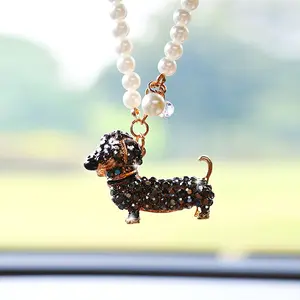 Creative Diamond Embellished Sausage Dog Car Interior Hanging Ornament, Cartoon Small Dog Rearview Mirror Decoration, Unique Car Accessory Gift, Car Trinkets