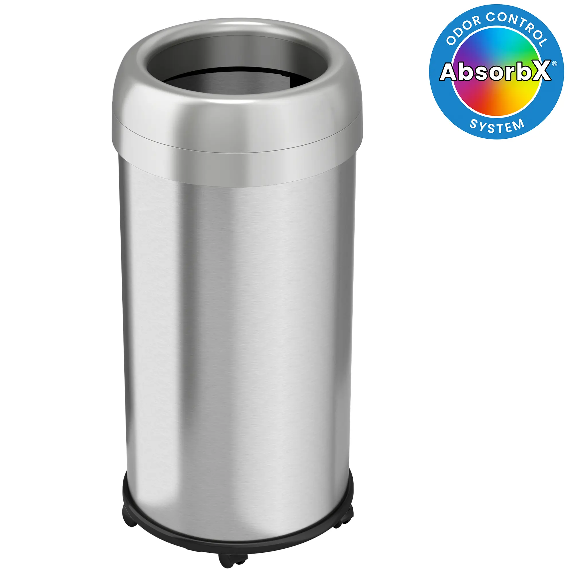 16 Gallon / 60 Liter Round Open Top Kitchen Trash Can with Wheels With Odor Filter Stainless Steel