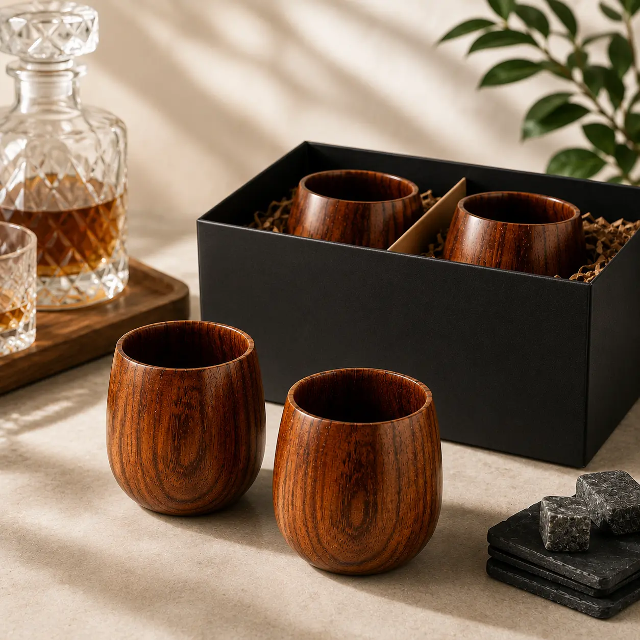 2PCS Wooden Coffee Cups, Handmade Rustic Drinking Tumblers for Tea, Juice & Daily Use
