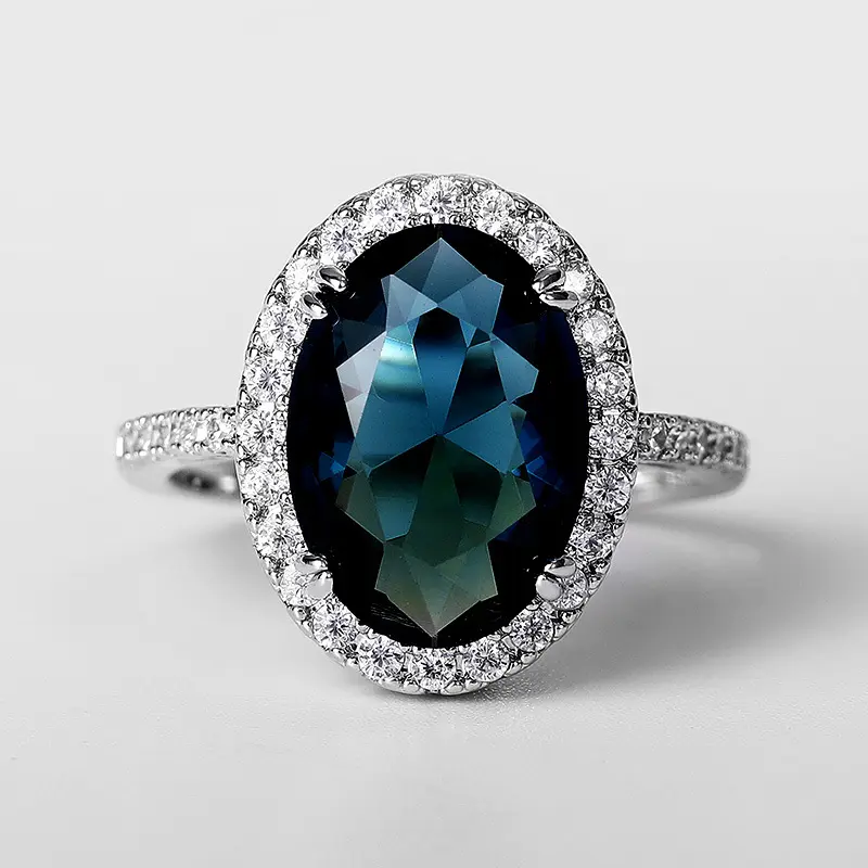 Women's Oval Cut Peacock Blue Cubic Zirconia Artificial Gemstone Ring - Halo Pavé Statement Band, Tanzanite Alternative Anniversary Jewelry for Her, Jewelry Ring, Ring Stack
