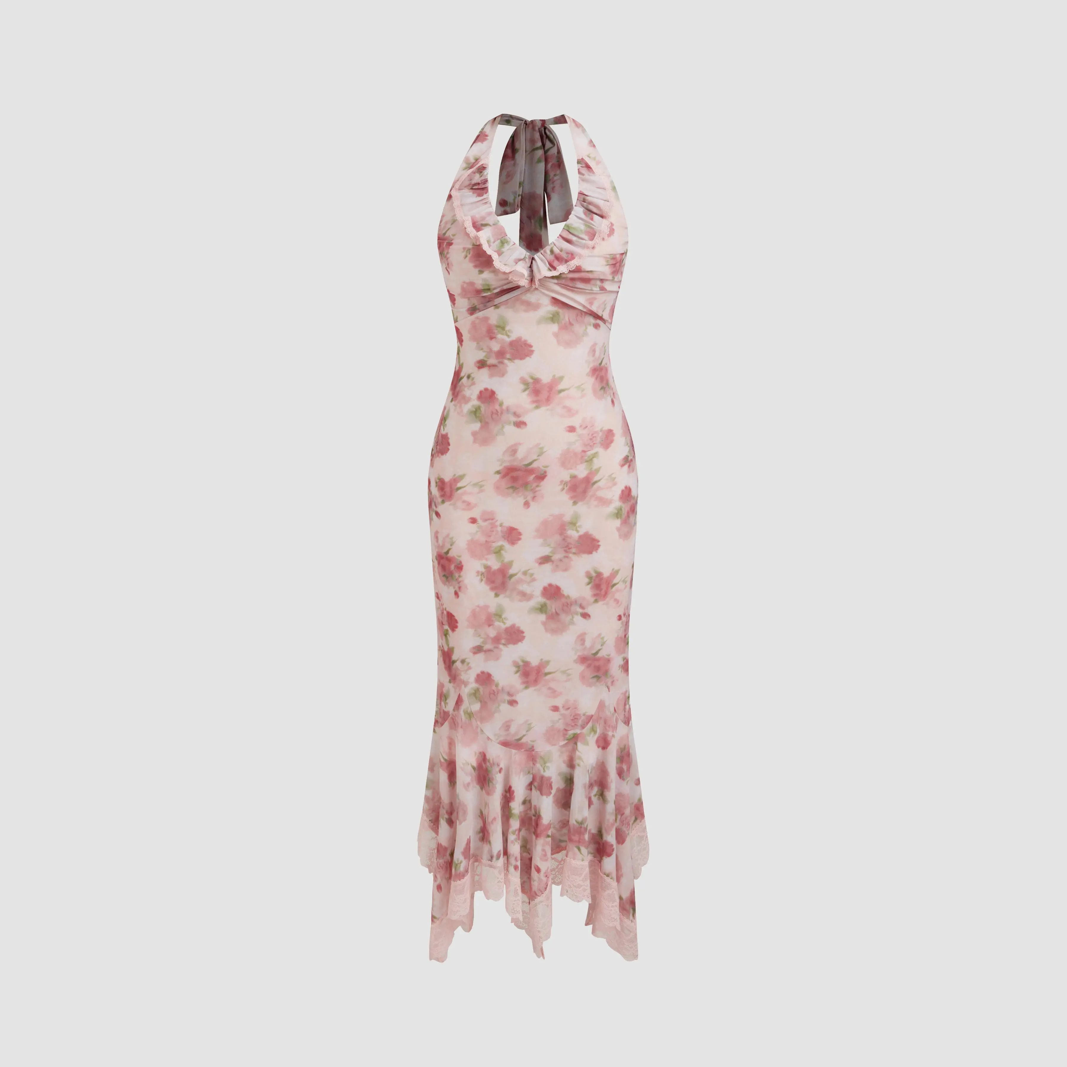 Cider Halter Neckline Floral Ruched Lace Trim Ruffle Maxi Dress - TikTok  Shop