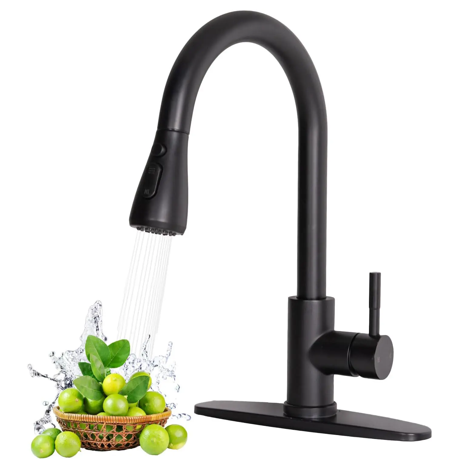 Black Kitchen Faucet with Pull Down Sprayer, Classic High Arc, Single Handle Kitchen Sink Faucet, Deck Plate for 1 or 3 Hole, Suitable for Farmhouse Camper Laundry Rv Bar