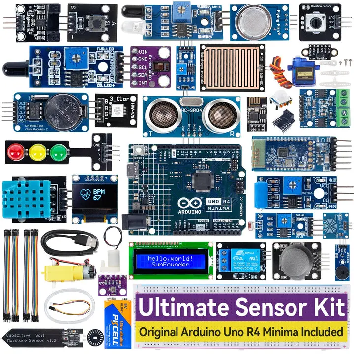 SunFounder Ultimate Sensor Kit with Original Arduino Uno R4 Minima, 30+ High-Quality ROHS Safe Sensors, IoT ESP8266, IIC LCD1602 OLED, Innovation, 17 IoT Projects, Free Lessons for Beginners