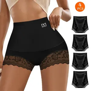 QUASTI 4-Piece Black Elegant High-Waisted Tummy Control Panties, Sexy Lace Boxer Briefs, Hip Lifting, Full Coverage, Soft, Breathable, Skin-Friendly Shaping Womenswear Panties, Sizes S-XXL
