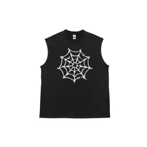 Spider Web Washed Men's Vintage Washed Cotton Vest Sleeveless Unisex Top Graphic Round Neck Tank Pullover for Women Men