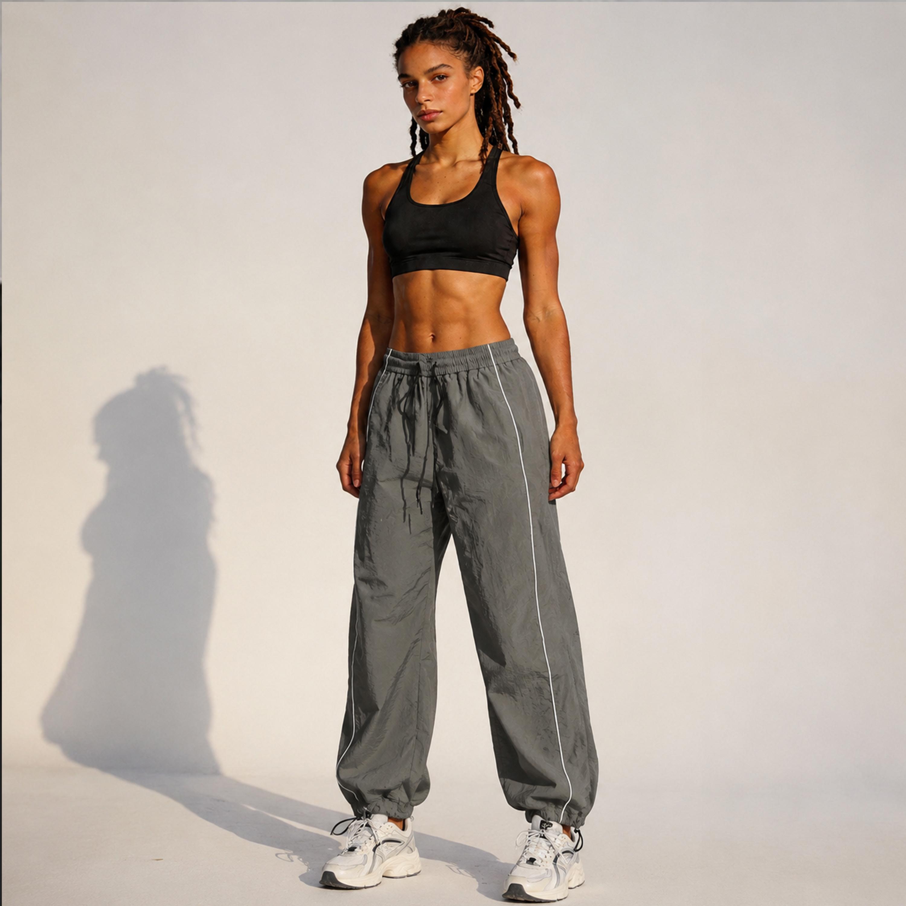 Women’s 2-Pack High-Waisted Parachute Track Pants - Polyester, Side Stripes, Elastic Waist, Drawstring Cuffs, Loose-Fit Windbreaker Joggers, Sporty Chic All-Season Casual Streetwear Athletic Bottoms, Polyester Pants, Casual Wear daily wear pant