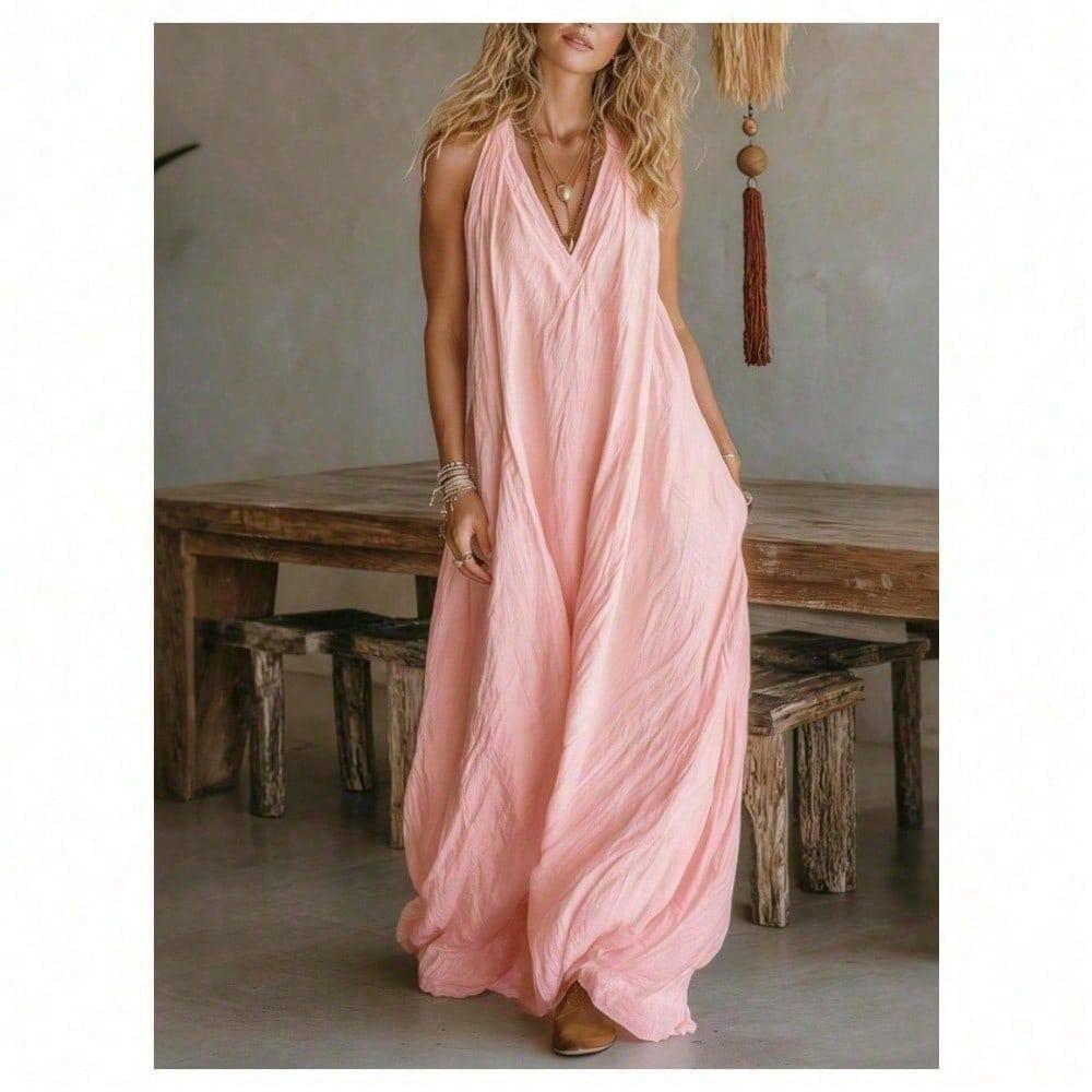 2026 Long Flowy Dresses for Women Cotton Linen V Neck Dress Sleeveless Summer Beach Dress Casual Maxi Dresses for Vacation