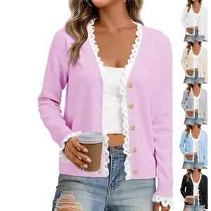 Lannew Womens Lace V Neck Cardigan Sweaters Button Down Long Sleeve Knit Tops Fall Trendy Lightweight Open Front Sweater