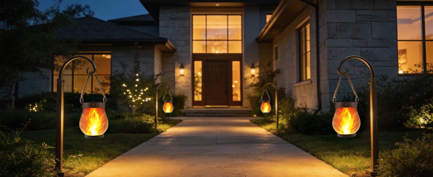 Flame Garden Light Solar Lanterns Outdoor with Dancing Flame Effect, Solar Powered Hanging Lantern Lights with Realistic Flickering Flames, Waterproof Decorative Lights for Front Porch Patio Garden Yard Table and Outdoor Decor