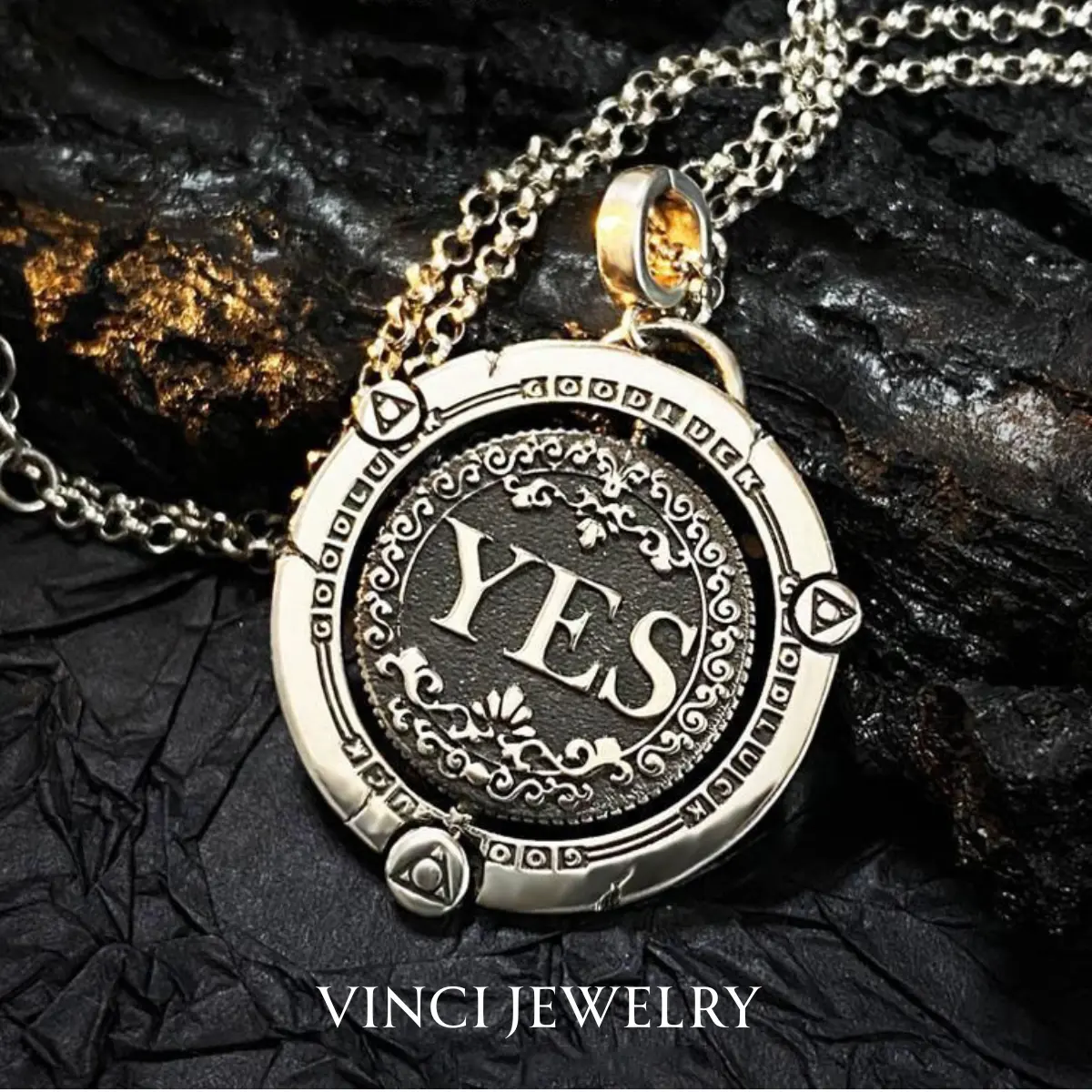 Fortune Rotating YES or NO Decision Pendant Necklace for Women Men Unisex, Vintage Street Style,Mystical Personalized Pattern Hollow Lucky Decision Coin Design for Daily Wearing Casual Outfit, Fun Jewelry Gift