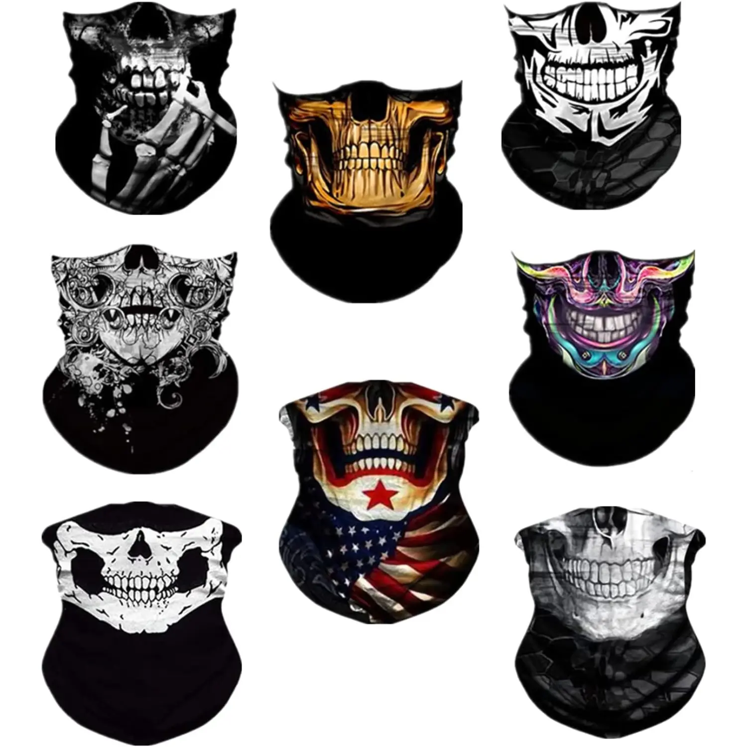 8-Pack Seamless Neck Gaiter Masks – Unique Skull Design Multi-Function Face Covering, Sporty Face Covers & Mask for Men, Women