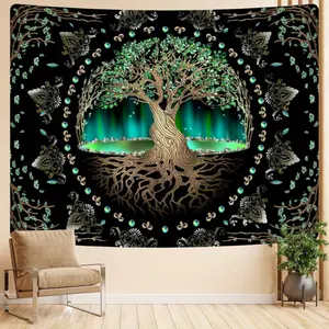 Tree of Life Tapestry Wall Decor - Green Nature Themed Polyester Backdrop with Roots and Branches Cartoon Pattern, Durable, Easy-Hanging Boho Art for Bedroom, Holiday Decor
