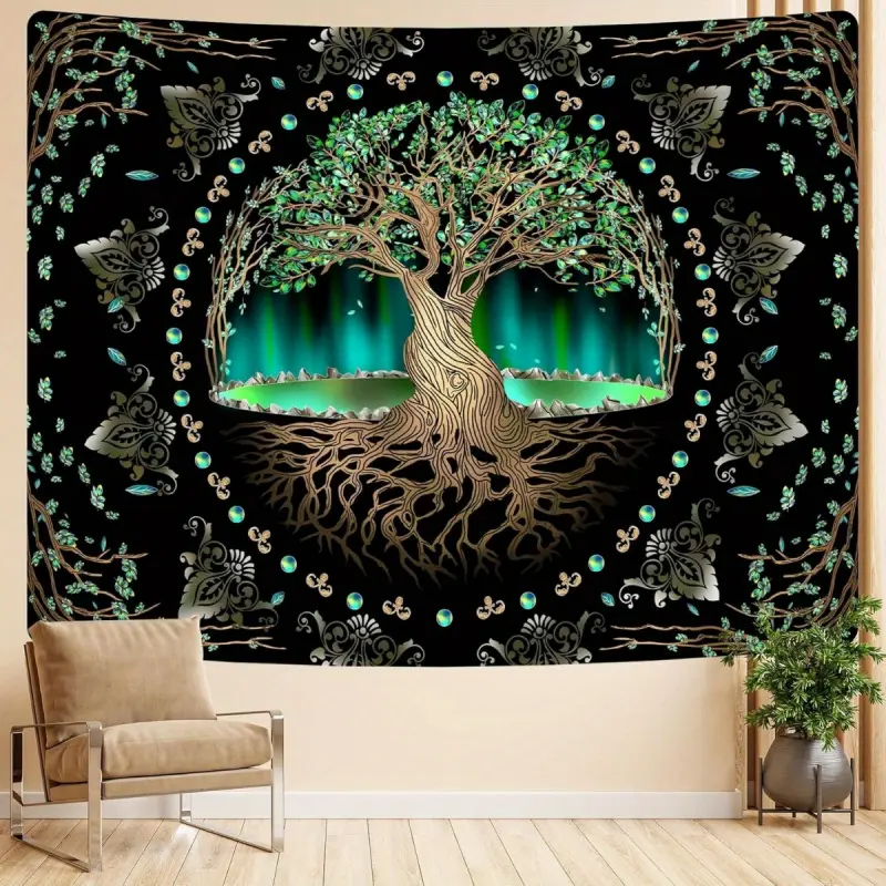 Tree of Life Polyester Tapestry Wall Decor - Green Nature-Themed Art Print with Roots, Branches, Cartoon Pattern, Durable Easy-Hanging Boho Backdrop for Bedroom, Room Art, Decor Inspo Holiday Gifts