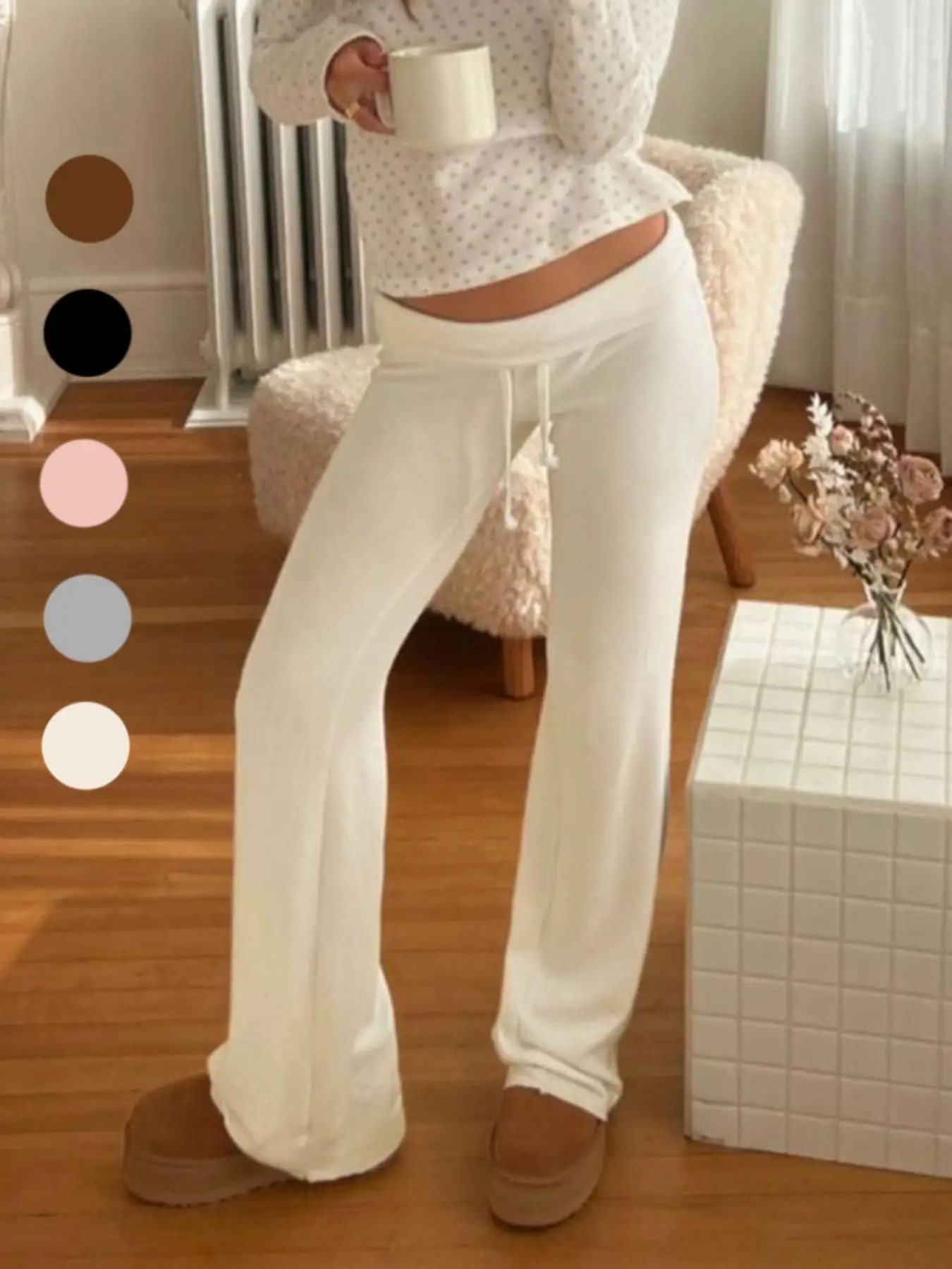 Women's Solid Drawstring Foldover Waist Straight Leg Pants, Pants for Women, Fashion Casual Drop Waist Trousers For Daily Outdoor Wear, Women's Bottom