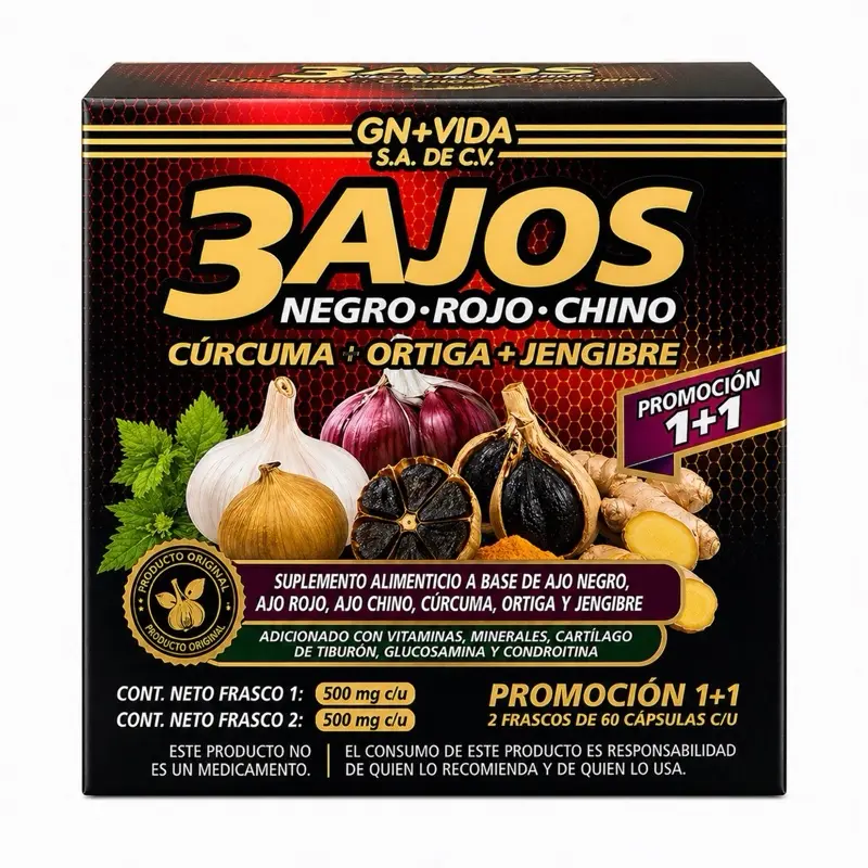 3 Ajos Complex Supplement – Black, Red & Chinese Garlic with Turmeric, Nettle & Ginger, Immune & Joint Support, 500mg Capsules
