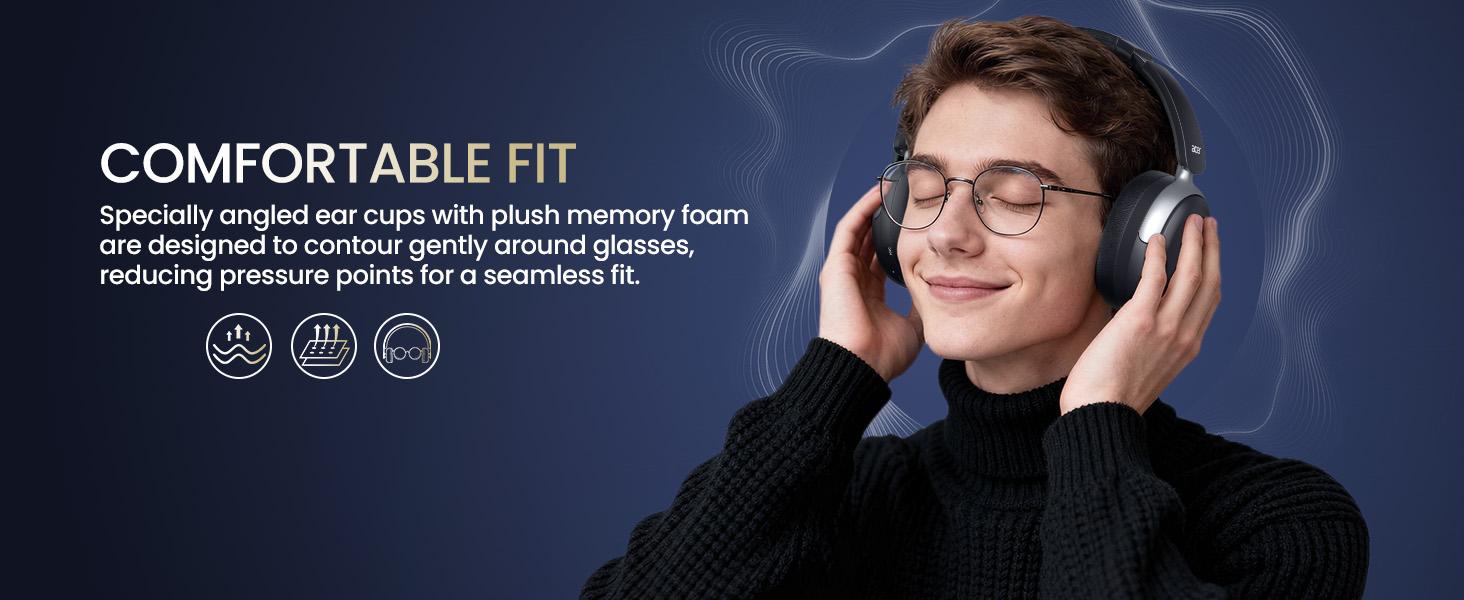 Acer OHR516 Active Noise Cancelling Headphones, Over Ear Wireless Bluetooth, 60H Playtime, 40mm Drivers, Low-Latency Mode, ENC Clear Calls, Foldable Comfortable Design