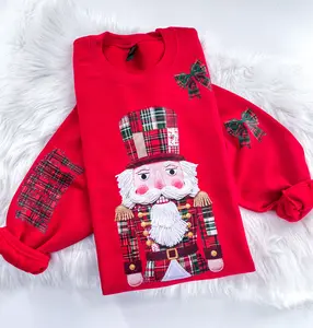Merry Plaid Nutcracker Patchwork Bow Christmas Sweatshirt or Hoodie with Sleeve Prints Comfy Unisex Tops Oversized Cotton/Poly Blend Soft Fabric Pullover
