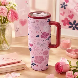 1 Pc 40 Oz Pink Floral Heart Insulated Tumbler with Handle, Stainless Steel Double Wall Thermal Cup, Hot and Cold Use, Cute Girly Aesthetic, Portable for Daily Use and Travel.