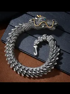 Men's Dragon Bracelet, High-End Silver Color Braided Design, Vintage Style Collectible Jewelry, Traditional Chinese Wind Accessory, Vintage Appeal