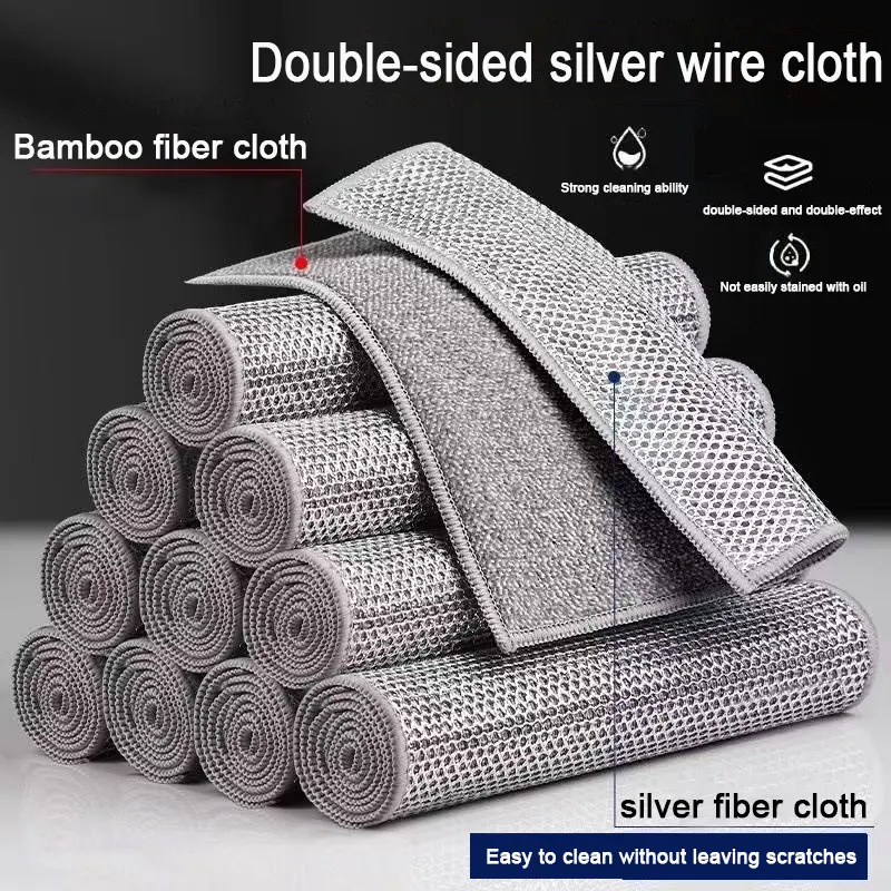 Silver Wire Bamboo Charcoal Dishcloths (5/10 PCS) - Double-Layer Kitchen Cleaning Rags