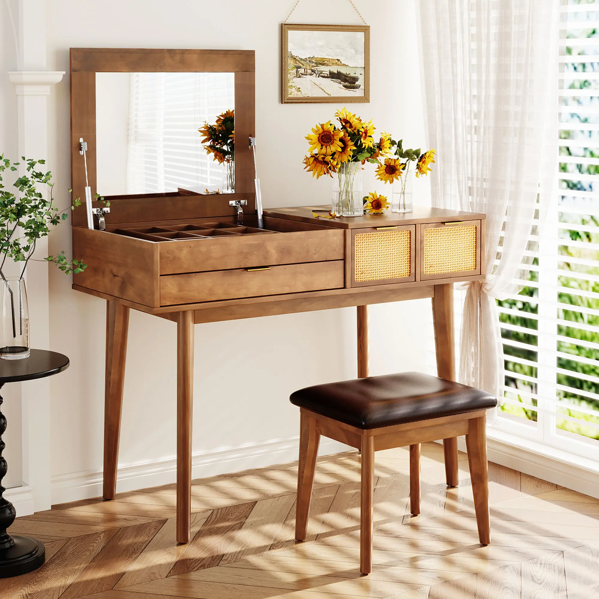 Durable French Country Square Brown Classic Wood Makeup Vanity Desk - 43.3in Flip-Top Mirror Dressing Table Set with Rattan Panels, 3 Drawers, Plush Stool, Space-Saving Storage for Bedroom Indoor Furniture, Sturdy