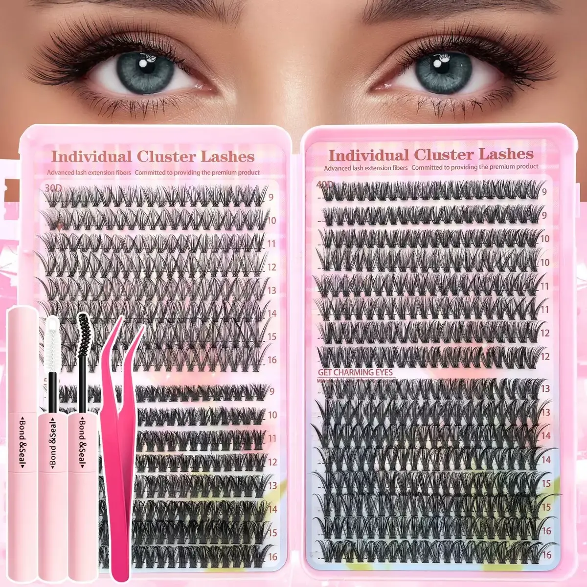 640 Pcs DIY False Eyelashes Set, 30D/40D/50D, 9-16 mm Clustered Lashes, Natural Look,8 Different Lengths, Includes Glue & Tweezers,Perfect for Eve Makeup,4-in-1 lash tools