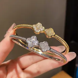 Trending Clover Cuff Bangle Bracelet, Sparkling Open Design Four Leaf Clover Jewelry, Viral Aesthetic Accessory, Perfect for Layering, Office, Party, Casual Outfits, Great Gift for Any Occasion