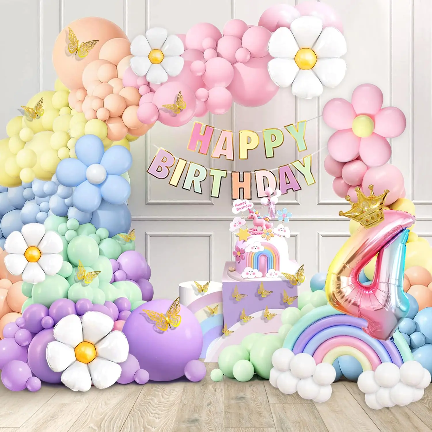 4Th Birthday Decorations Girl Pastel, 219Pcs Pastel Rainbow Balloon Arch Garland Kit, With Number 4 Balloons,Banner,Cake Toppers,12 3D Butterfly For 4 Year Old Girl Birthday Easter Party Decor