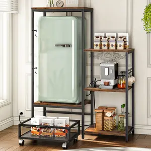 HOOBRO Mini Fridge Stand with Movable Basket, Kitchen Bakers Rack & Power Outlet, Microwave Oven Stand, Coffee Bar, 3-Tiers Coffee Stand Station, for Kitchen, Office, Rustic Brown and Black, Stable Structure