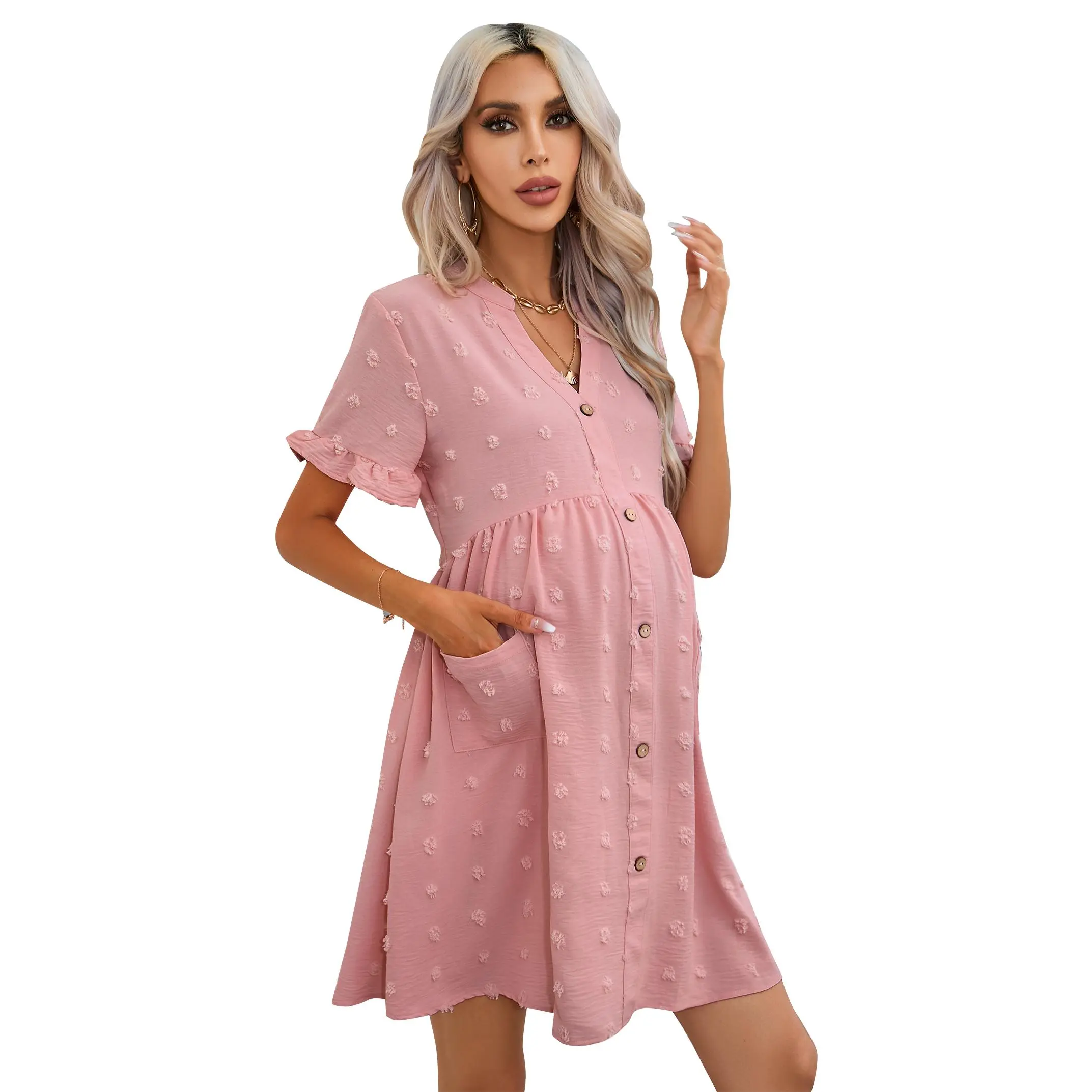 Women’s Short Sleeve V-Neck Babydoll Maternity Dress – Lantern Sleeve Loose Fit Pregnancy Dress, Soft Lightweight Non-Compressed Casual Daily Wear Midi Dress, 100% Polyester Comfort Outfit for Summer Casual Dress