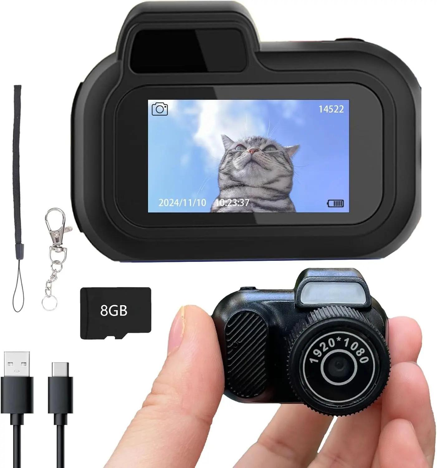 Y3000 Portable Wearable ABS Cartoon Digital Keychain Camera - Multifunction HD Recorder, Portable Wearable Camcorder, 8GB Micro SD Card, 1080P Recording, 6 Built-in Filters, 0.96-in HD Display, USB Charging, Ideal for Travel, Outdoor Activities