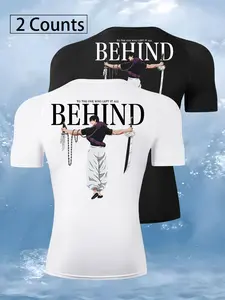 Men's Cartoon & Letter Print Round Neck Sports Tee, Quick Drying Breathable Comfortable Compression T-shirt for Gym Workout Running, Athletic Workout Clothing, Casual Sportswear for Summer