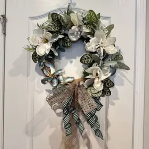 Year Round White Magnolia Wreath, Farmhouse Front Door Decor, Burlap Gingham Bow, Handmade Greenery Wreath