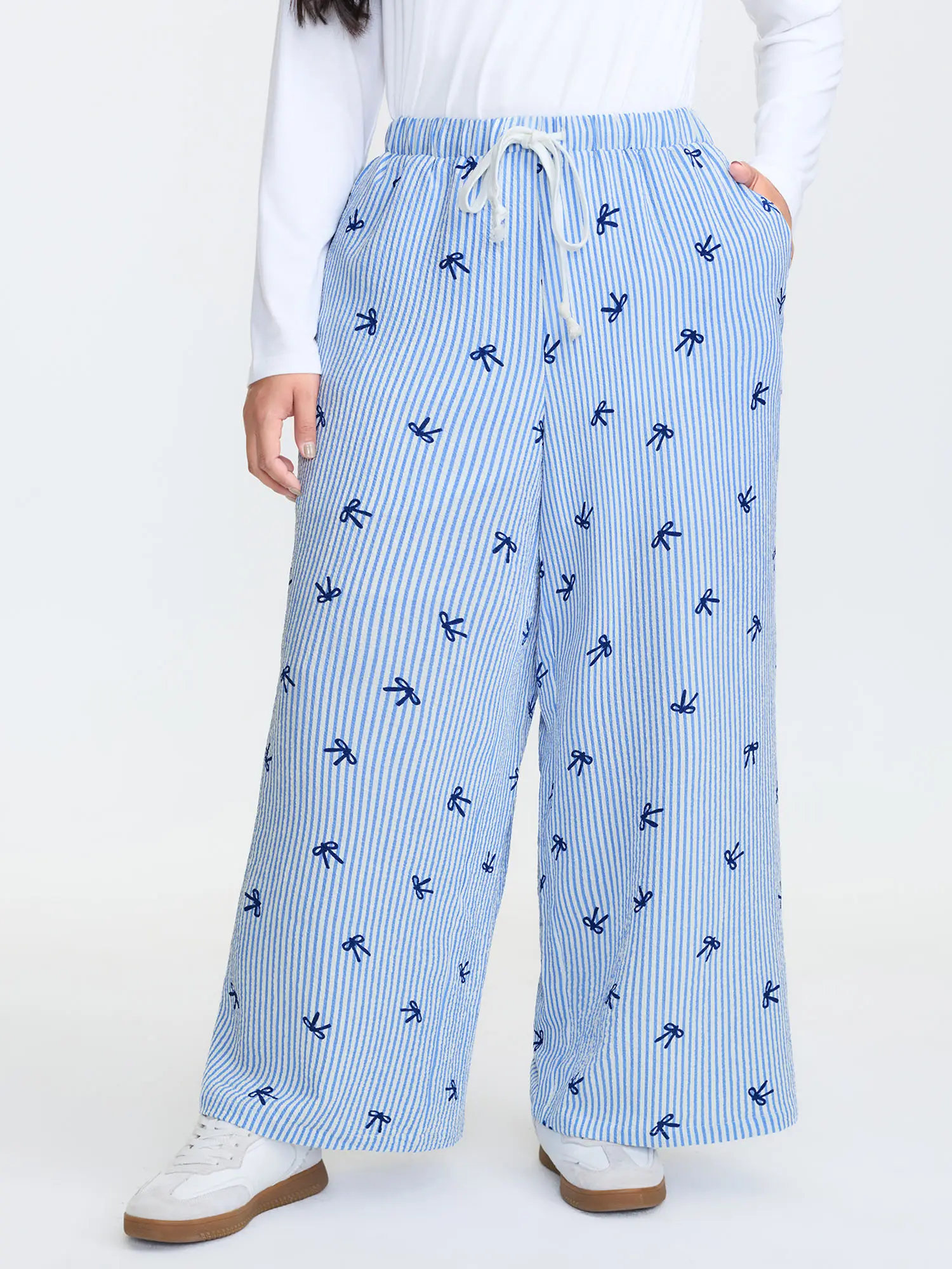 BloomChic Plus Size Playful Stripe & Bow Print Lounge Pants, Smooth Polyester with Mid-Rise Drawstring Waist & Pockets