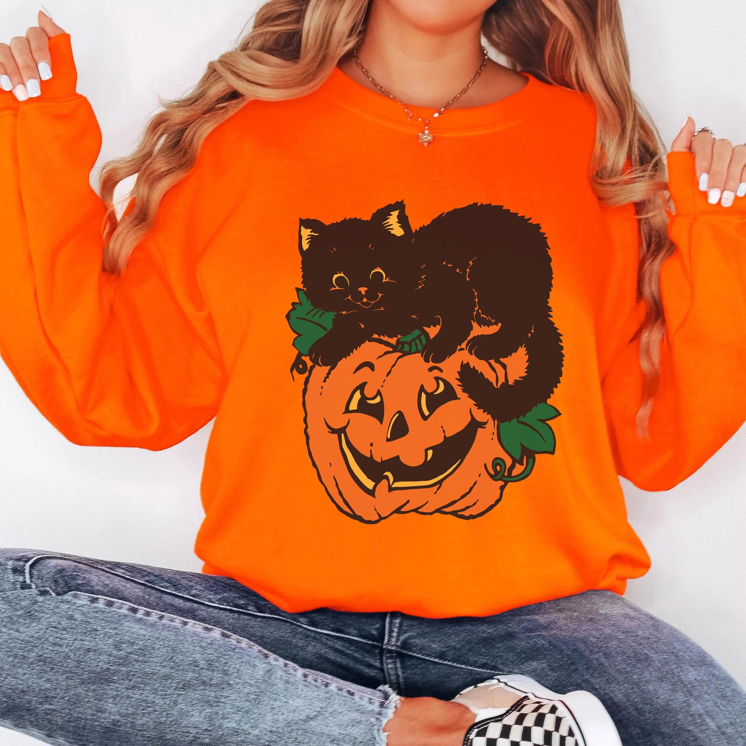 Vintage Black Cat On Pumpkin Sweatshirt, Retro 90s Halloween Hoodie, Fall Crewneck Sweatshirt, Black Cat Sweater, Halloween Black Cat T-shirt