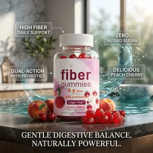 Fiber Gummies with Probiotics, 120 Count | 6g Per Serving + 2 Billion CFU | Sugar Free Peach Cherry Flavor | High Fiber Supplement for Women & Men | Non-GMO, Gluten Free