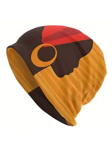 Polyester Elastane Knitted Fashionable African Women Pattern Bonnet Hats, Men Skullies Beanies, Novelty Hats, Polyester Cap