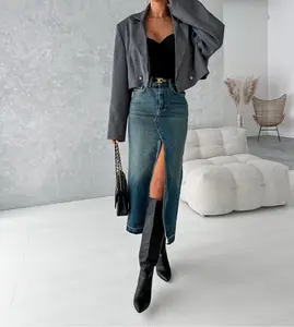 Retro fashion high waist split denim skirt washed slim hip skirt mid-length skirt for women Casual Fitted Bottoms Elegant